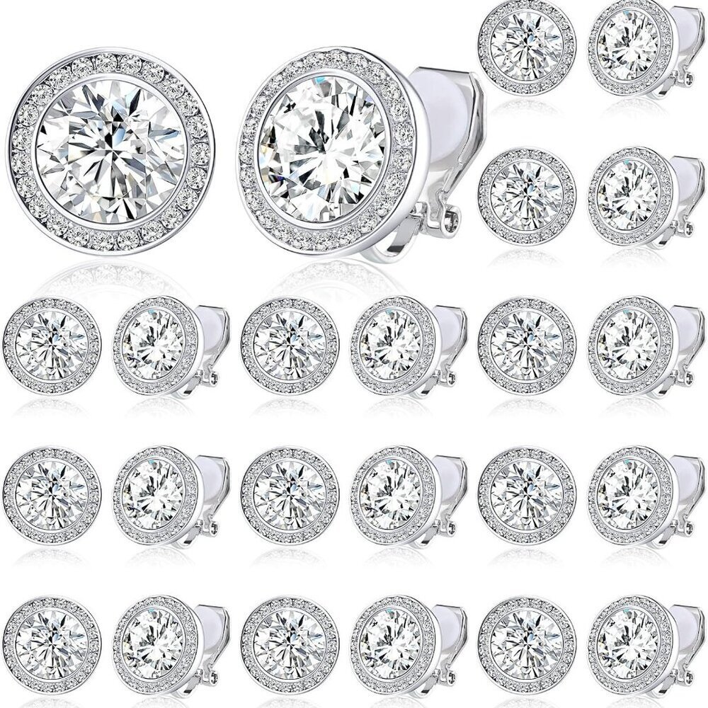 12 Pairs Rhinestone Earrings Silver Round Clip On Jewelry for Women Performance
